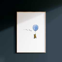 Pooh Balloon Print, Winnie The Classic Nursery Decor, Wall Art, New Baby Gift, Unframed, A4/A5, Themed - thumbnail 3