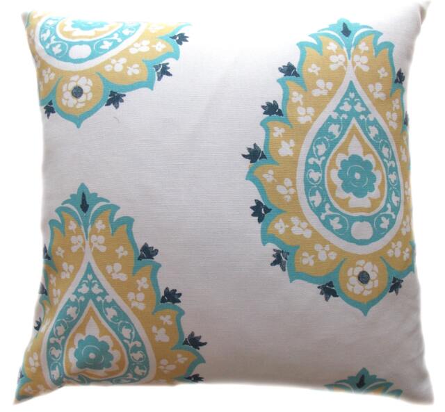 Pillow Covers - Saffron Yellow Butter Cup Blue Aqua Turquoise White Ikat Tribal Modern- All Sizes 16x16 18x18 Throw Toss Accent - image 1