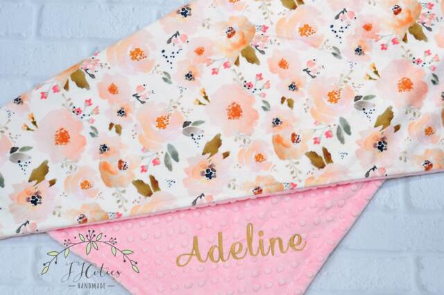 Personalized Minky Baby Blanket Girl-Personalized Blanket-Floral Blanket-Baby Girl Blanket-Coral Gold Blanket - image 1