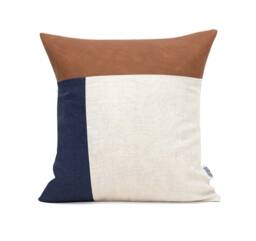 Handmade Faux Leather Pillow Cover With Navy & Beige Linen, Color Block Cases 50x50, Boho Home Decor Cushion Cover, Euro Sham UK
