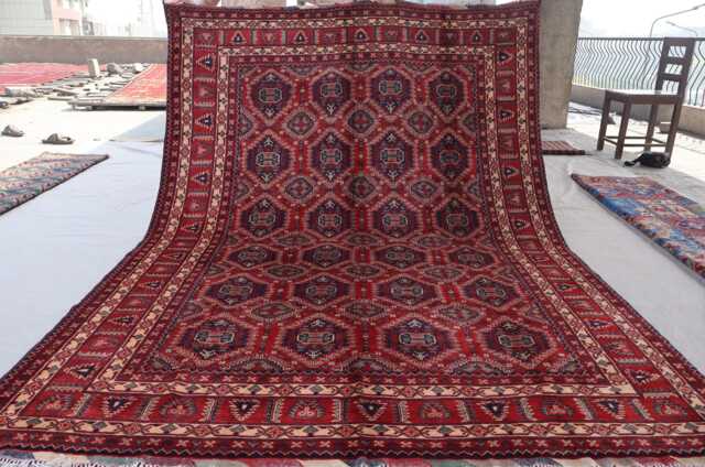7x10 Geometric Bukhara Rug, Afghan Tribal Area Handmade Wool Turkmen Caucasian Design Oriental Red Dining Table Carpet - image 1