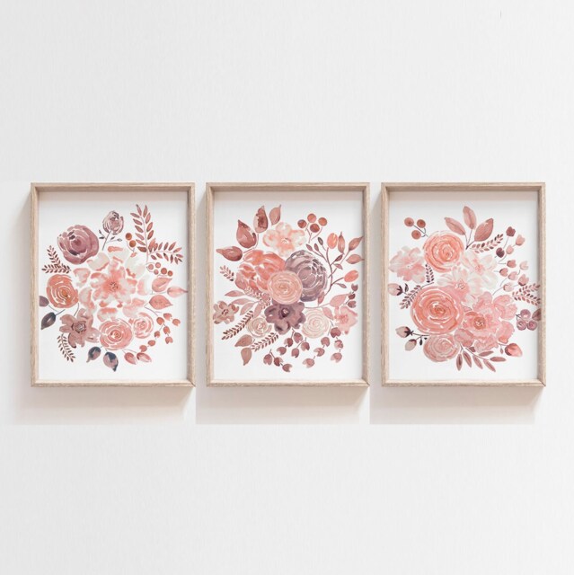 Watercolor Flower Nursery Prints, Boho Floral Wall Art, Set Of 3 - image 1