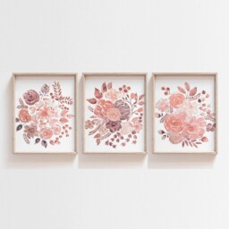 Watercolor Flower Nursery Prints, Boho Floral Wall Art, Set Of 3