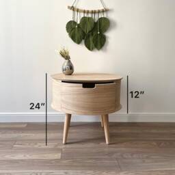 Oversized Mid Century Modern Nightstand With Drawer, Scandinavian Side Table, Unique Oak Round Wood Coffee Table Storage - thumbnail 3