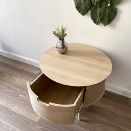 Oversized Mid Century Modern Nightstand With Drawer, Scandinavian Side Table, Unique Oak Round Wood Coffee Table Storage - thumbnail 2