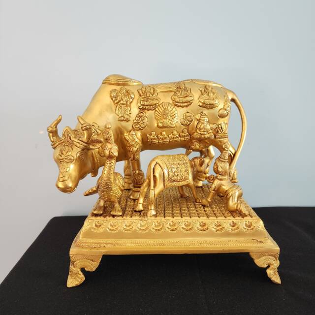 Kamdhenu Cow Statue Brass Sculpture With Calf, Auspicious Decor - 10 Inch - image 1