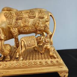 Kamdhenu Cow Statue Brass Sculpture With Calf, Auspicious Decor - 10 Inch - thumbnail 4