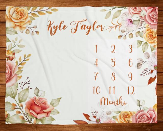 Fall Baby Milestone Blanket Girl Autuwn Flower Monthly Floral Month Custom Age Growth New Mom Shower Gift Neutral Boho Minky Acm7 - image 1