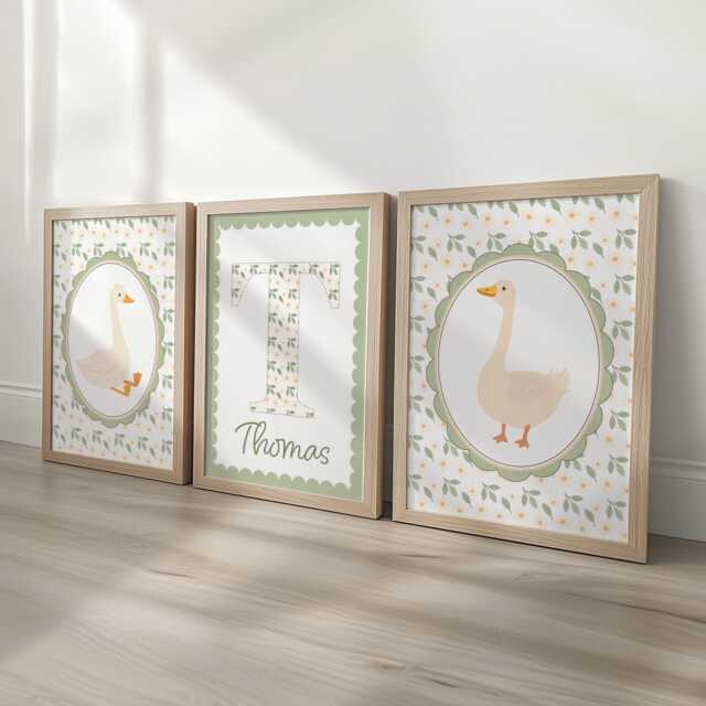 Personalised Goose Nursery Print Set - Custom Name & Initial Wall Art Farmhouse Baby Room Decor, Optional Frames - image 1