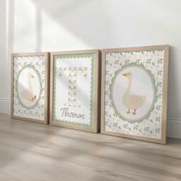 Personalised Goose Nursery Print Set - Custom Name & Initial Wall Art Farmhouse Baby Room Decor, Optional Frames - thumbnail 1