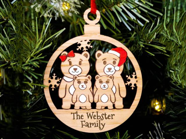 Cute Bear Family Christmas Tree Decoration, Personalised Wood Oak Engraved Xmas Bauble, Red & White, Mum Dad Kids Children Of 4 - image 1
