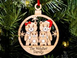 Cute Bear Family Christmas Tree Decoration, Personalised Wood Oak Engraved Xmas Bauble, Red & White, Mum Dad Kids Children Of 4 - thumbnail 1