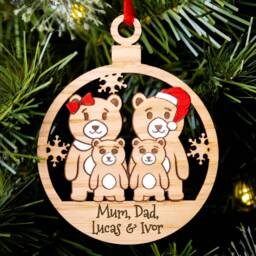 Cute Bear Family Christmas Tree Decoration, Personalised Wood Oak Engraved Xmas Bauble, Red & White, Mum Dad Kids Children Of 4 - thumbnail 2