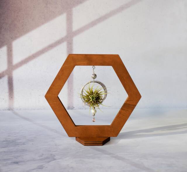 Hexagon Air Plant Holder Dark Walnut Wood, Beads & Crystal Decor - image 1