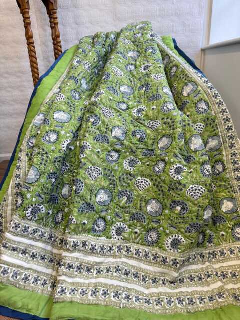 Quilted Pure Cotton Reversible Bed Throw King Size Summer Indian Quilt - Handmade Handprint Country Mughal Fresh Green Blue White Gardenia - image 1
