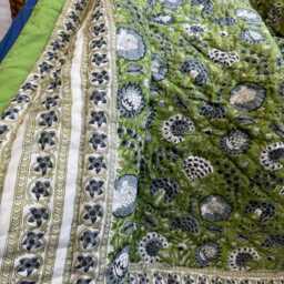 Quilted Pure Cotton Reversible Bed Throw King Size Summer Indian Quilt - Handmade Handprint Country Mughal Fresh Green Blue White Gardenia - thumbnail 4