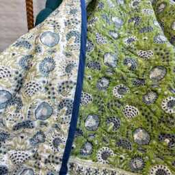 Quilted Pure Cotton Reversible Bed Throw King Size Summer Indian Quilt - Handmade Handprint Country Mughal Fresh Green Blue White Gardenia - thumbnail 2