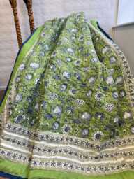 Quilted Pure Cotton Reversible Bed Throw King Size Summer Indian Quilt - Handmade Handprint Country Mughal Fresh Green Blue White Gardenia - thumbnail 1