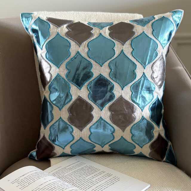 Abstract Faux Leather Appliqu?? Pattern, Metallic Blue Linen, 24x24/26x26 Modern Euro Sham - Dream Magnet - image 1
