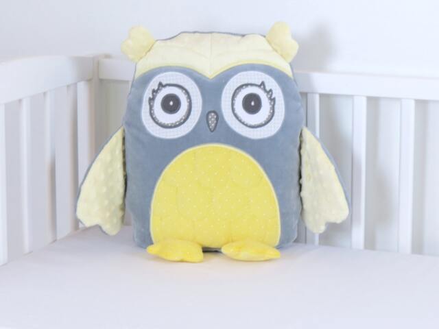 Decorative Owl, Gray & Yellow Owl Pillow, Plush Grey Baby Shower Decor, Nursery, Personalized - image 1