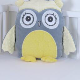 Decorative Owl, Gray & Yellow Owl Pillow, Plush Grey Baby Shower Decor, Nursery, Personalized - thumbnail 2