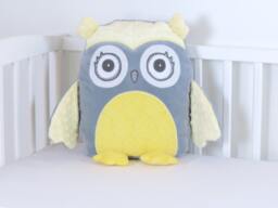 Decorative Owl, Gray & Yellow Owl Pillow, Plush Grey Baby Shower Decor, Nursery, Personalized - thumbnail 1