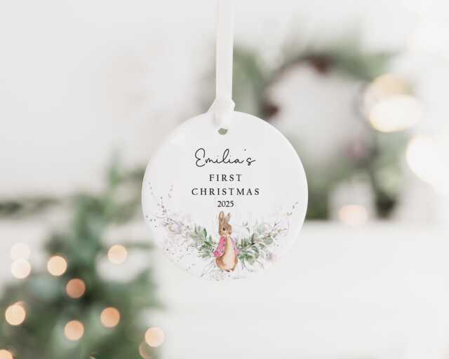 Personalised Baby's First Christmas Decoration - Keepsake Bauble Gift Ceramic Ornament 1st Rabbit - image 1