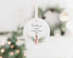 Personalised Baby's First Christmas Decoration - Keepsake Bauble Gift Ceramic Ornament 1st Rabbit - thumbnail 1