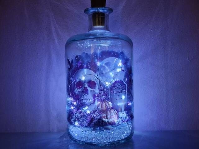 Spooky Halloween Bottle Lamp, Haunted House Vinyl Decor - image 1
