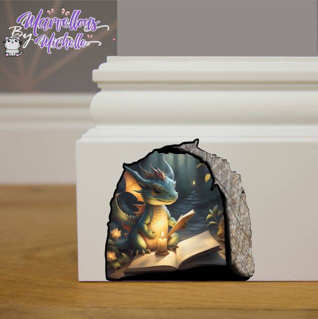 Cute Fairytale Green Dragon Reading A Book in Hole Mouse Wall, Skirting Board, Door Sticker Decal Children's, Kids Decoration M9