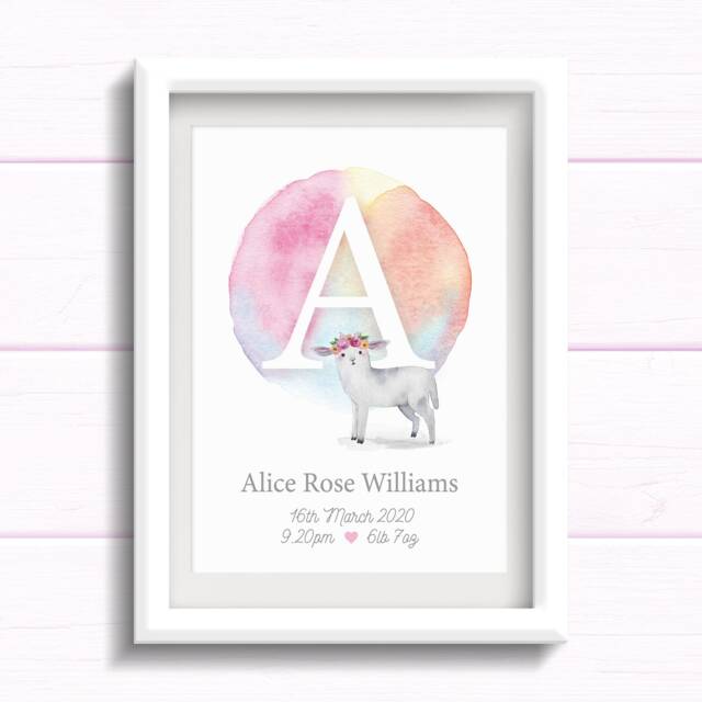 Personalised Lamb Initial Print Baby Girl Nursery Art - image 1
