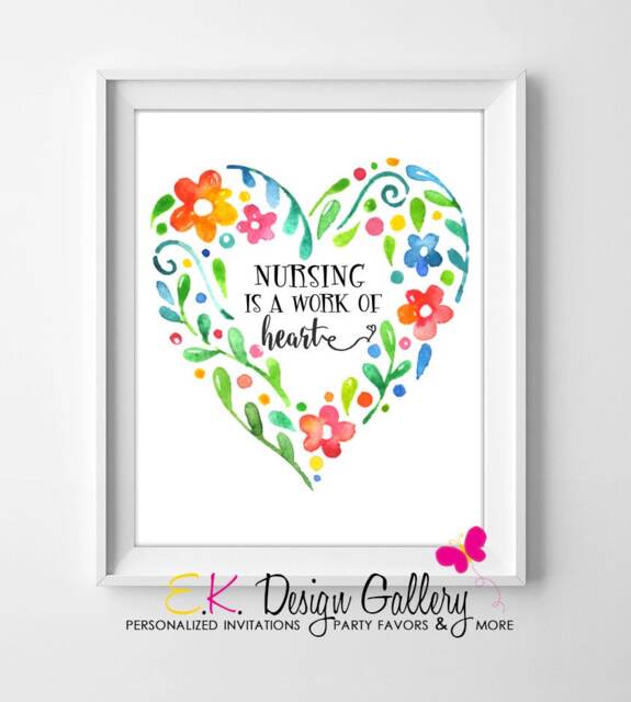 Nursing Wall Art Print Watercolor Floral Heart Wreath - Instant Download - image 1