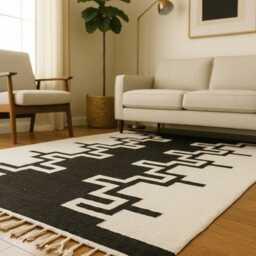 Handwoven Flatweave Kilim Rug Custom Beige & Black Swedish Decor - thumbnail 4