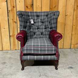 British Handmade Grey Herringbone Tweed With Burgundy Red Leather High Round Back Wing Chair - thumbnail 2