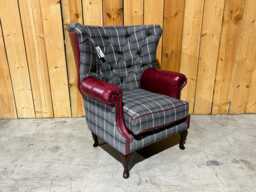 British Handmade Grey Herringbone Tweed With Burgundy Red Leather High Round Back Wing Chair - thumbnail 1