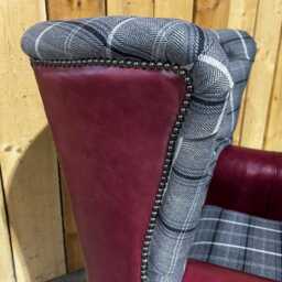 British Handmade Grey Herringbone Tweed With Burgundy Red Leather High Round Back Wing Chair - thumbnail 3