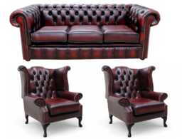 Lounge Sofa Suite Armchair 3 + Queen Anne Chairs Oxblood Red Real Leather Free Mainland UK Delivery