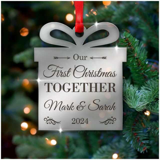 Our First Christmas Engraved Decoration Ornament, Couples Decoration, Personalised Gift Boyfriend, Girlfriend With Red Bag - image 1