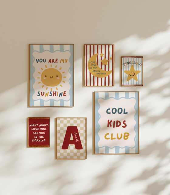 Childrens Wall Prints, Personalised Set Of 6 Toddler Room Gift, Playroom Nursery Gallery Posters - image 1