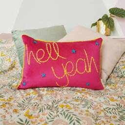 Hell Yeah Embroidered Pink Velvet Cushion. Bright Colourful Decor. Kids Room - thumbnail 3