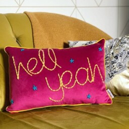 Hell Yeah Embroidered Pink Velvet Cushion. Bright Colourful Decor. Kids Room - thumbnail 2