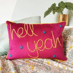 Hell Yeah Embroidered Pink Velvet Cushion. Bright Colourful Decor. Kids Room - thumbnail 1