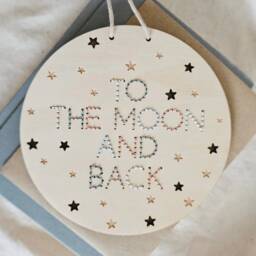 Wooden Nursery Wall Hanging - To The Moon & Back Sign Embroidered Decor Space Theme Baby Room New Gift