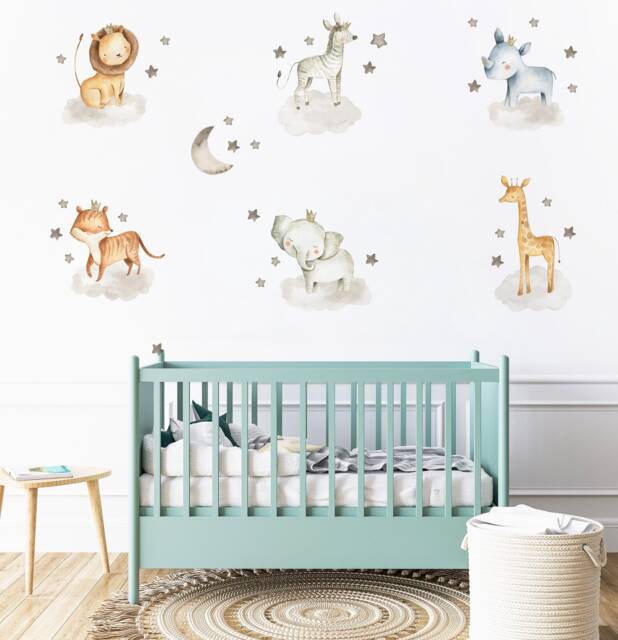 Nursery Animals On The Cloud Decal, Decor, Jungle Wall Removable Decals, Kids Peel & Stick - image 1