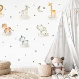 Nursery Animals On The Cloud Decal, Decor, Jungle Wall Removable Decals, Kids Peel & Stick - thumbnail 2