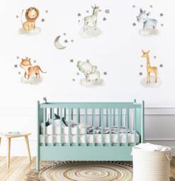 Nursery Animals On The Cloud Decal, Decor, Jungle Wall Removable Decals, Kids Peel & Stick - thumbnail 1