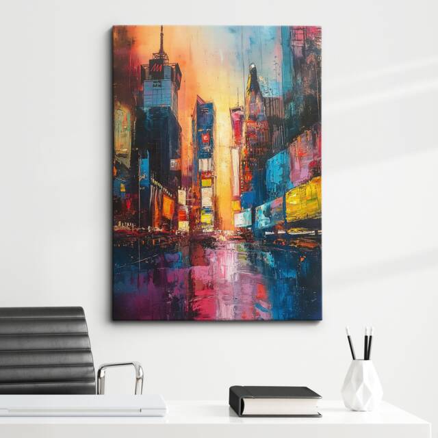 New York Skyline Times Square Abstract Modern Painting America Colorful Wall Art, Framed Canvas Poster Print, Home/Office Room Decor, Gifts - image 1