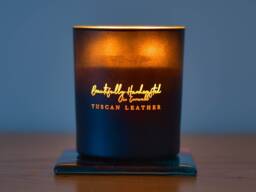 Personalised Tuscan Leather Soy Candle, Handmade in Cornwall - thumbnail 1