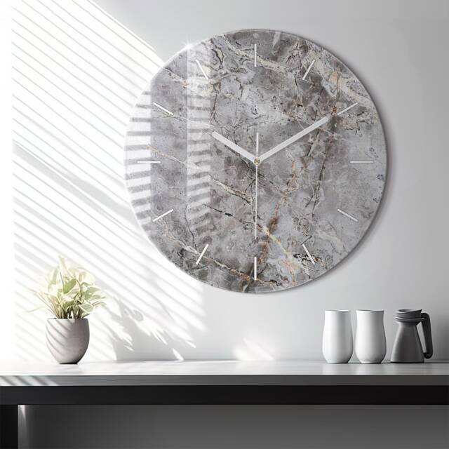 Gray Granite Marble Glass Clock, Hanging Abstract Printed Personalized Unique Wall Large Clock - image 1