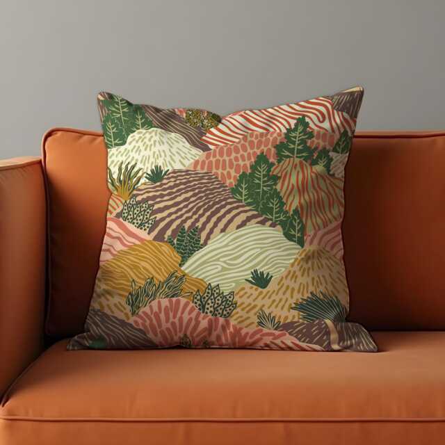Botanical Landscape Cushion Cover, Earth Tone Nature Throw Pillow Forest Hills Pattern Case, Modern Boho Sofa Decor - image 1